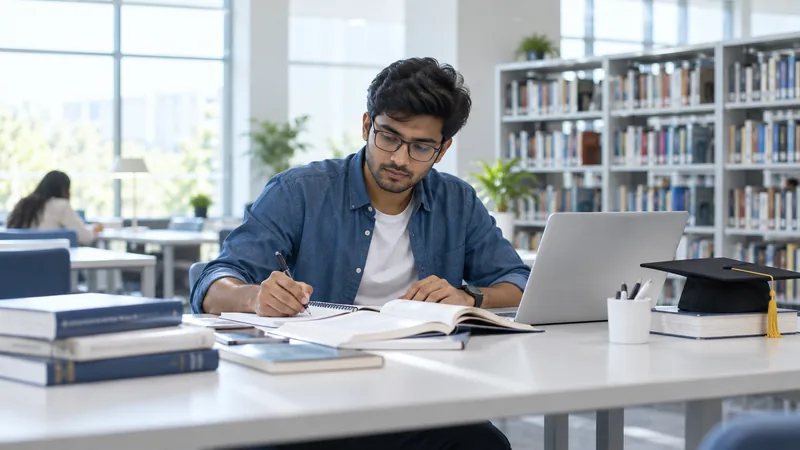 A learner studying beside books and a graduation cap in a bright modern library