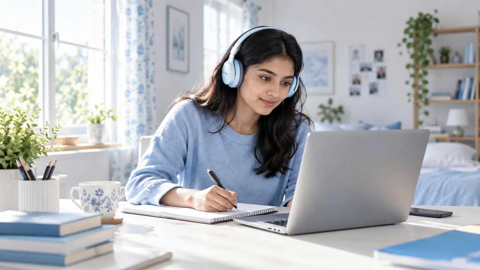 An online learner studying with headphones, a laptop and a notebook
